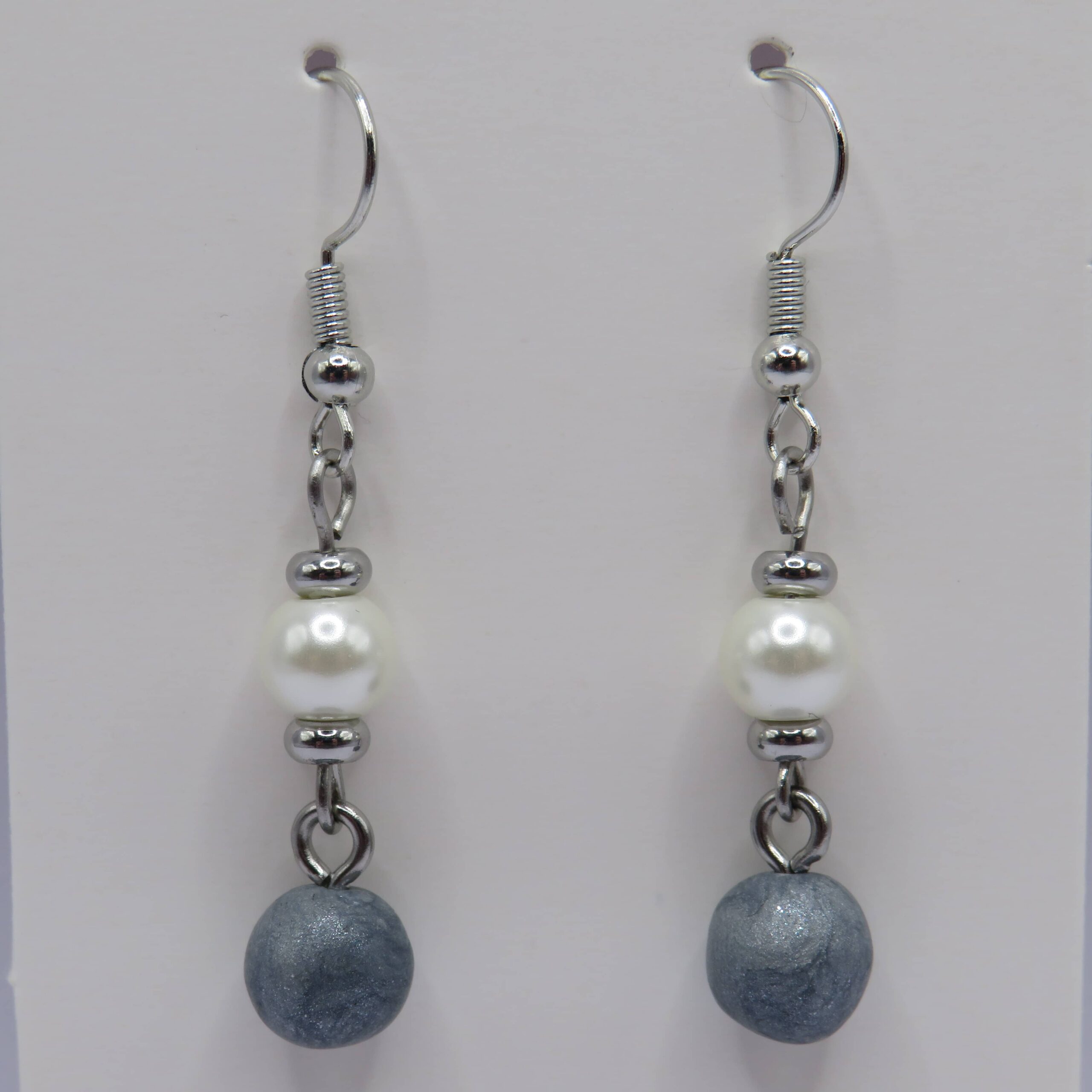 Stainless Steel Glass Pearl & Grey Clay Drop Earrings