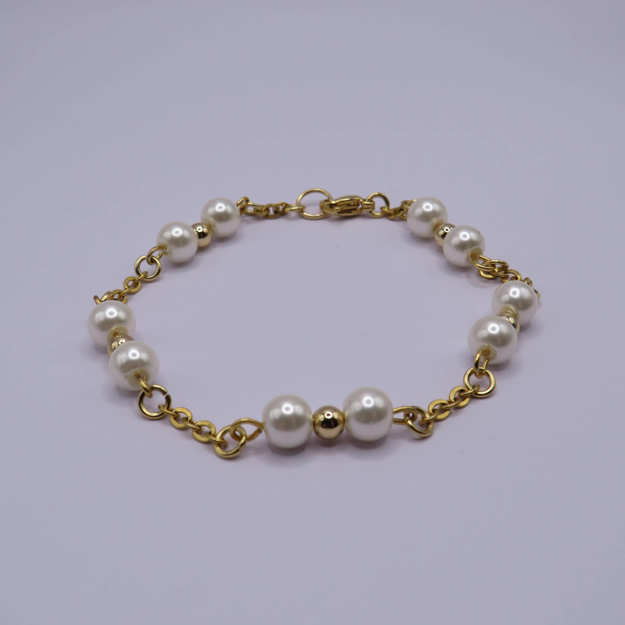 14k Gold Plated Chain & Glass Pearls Bracelet