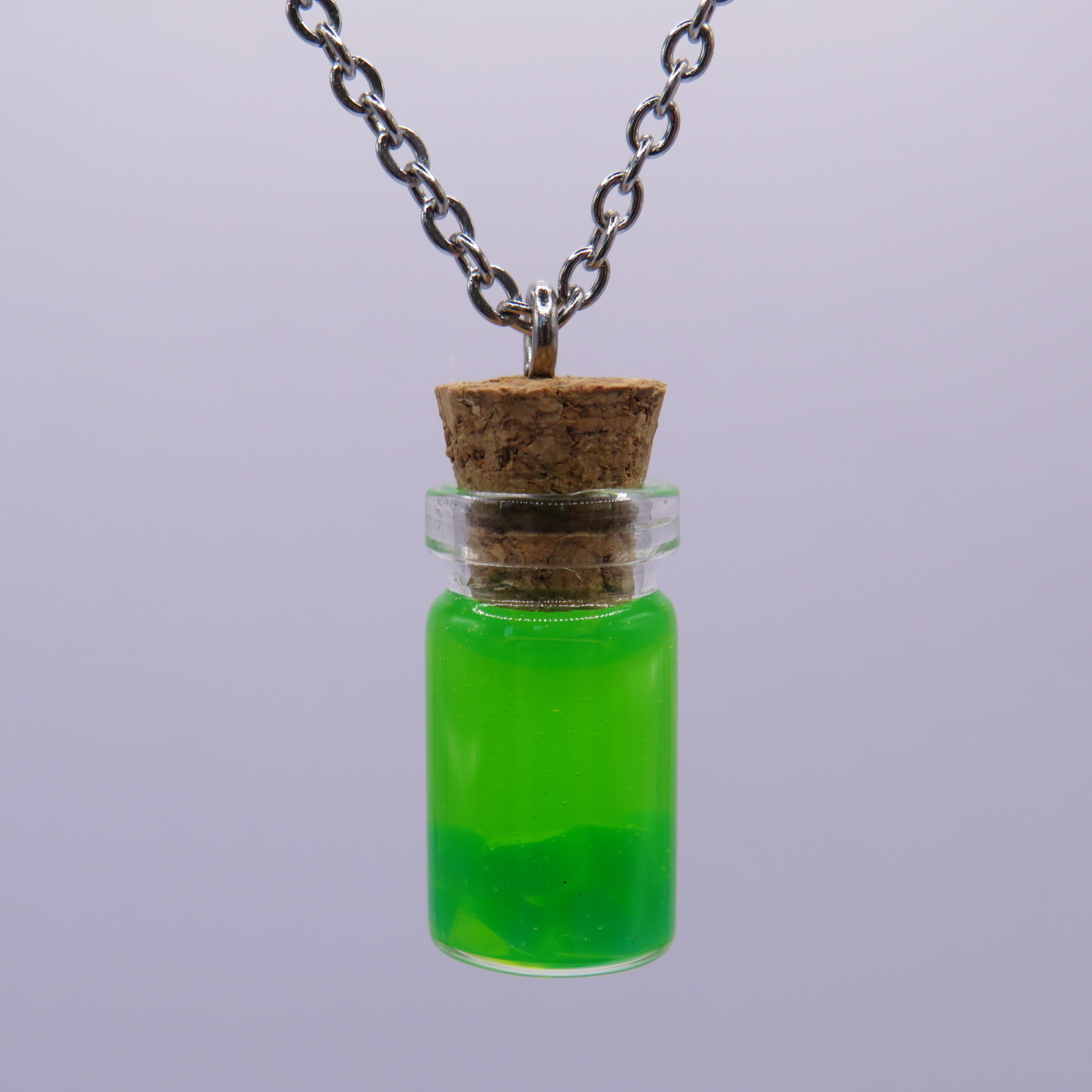 Stainless Steel Neon Green Mini Glass Bottle Pendant Necklace
