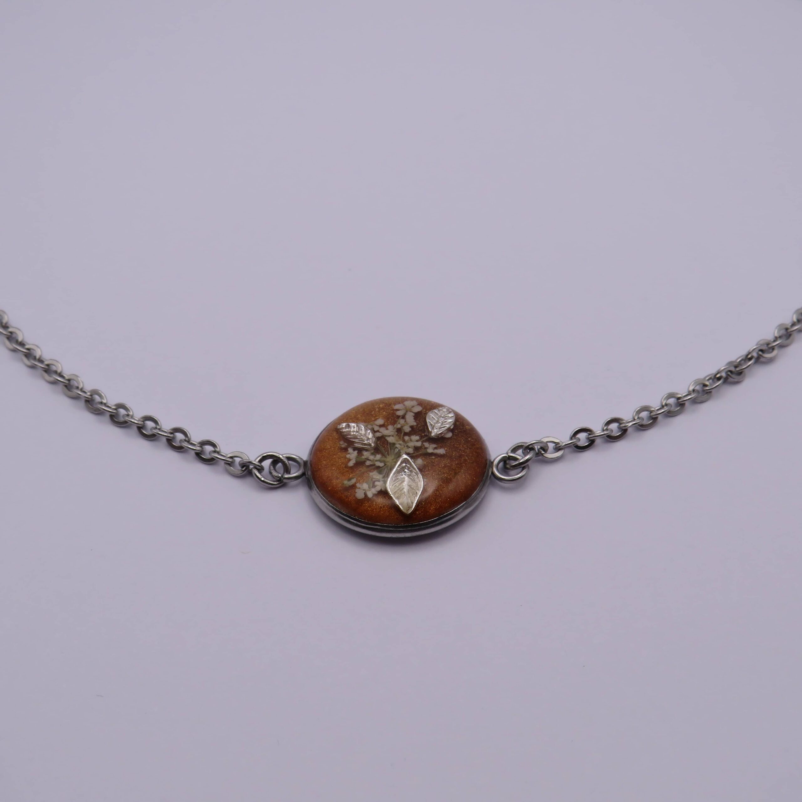 Stainless Steel Brown Flower & Leaves Pendant Necklace