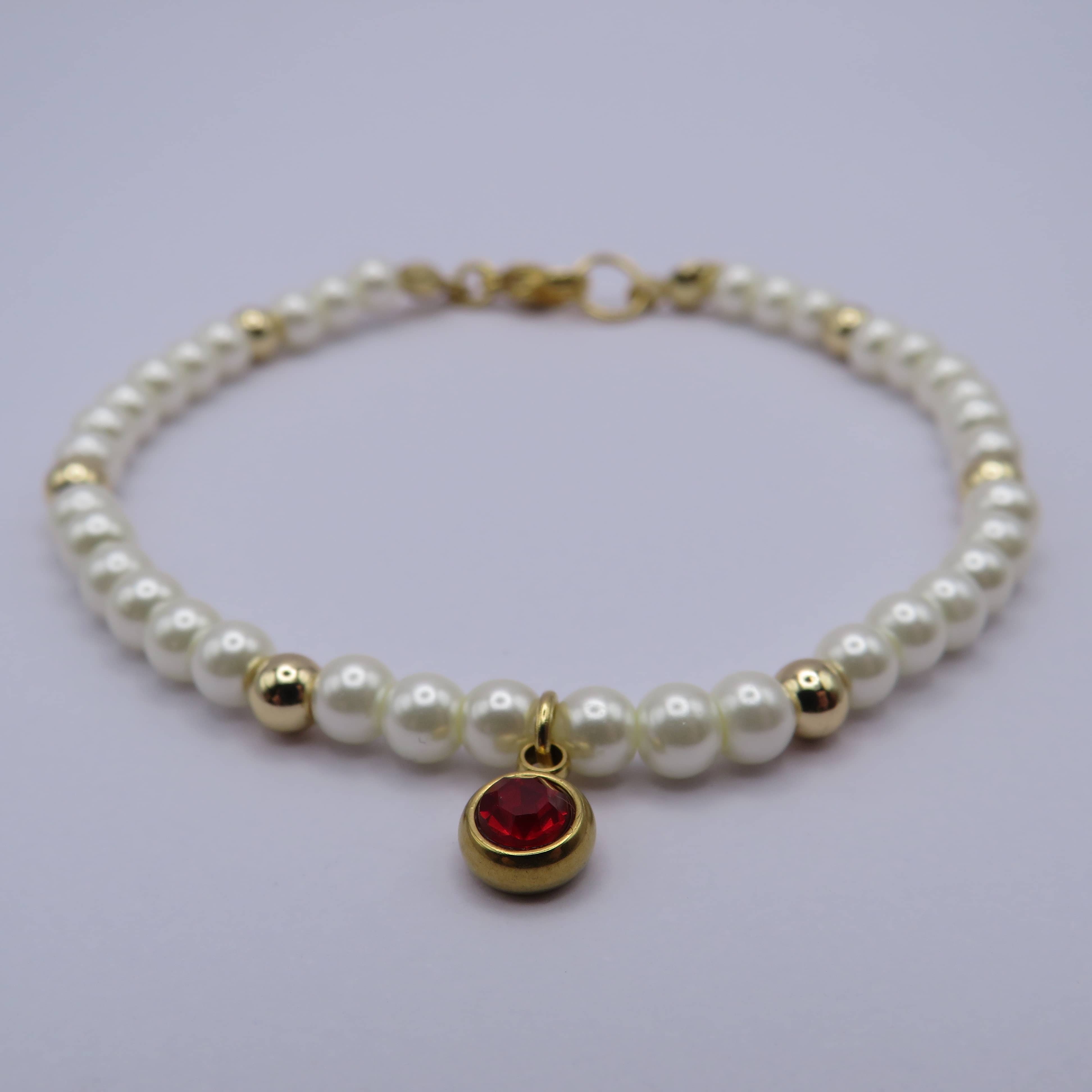 Stainless Steel White Glass Pearls Red Rhinestone Bracelet