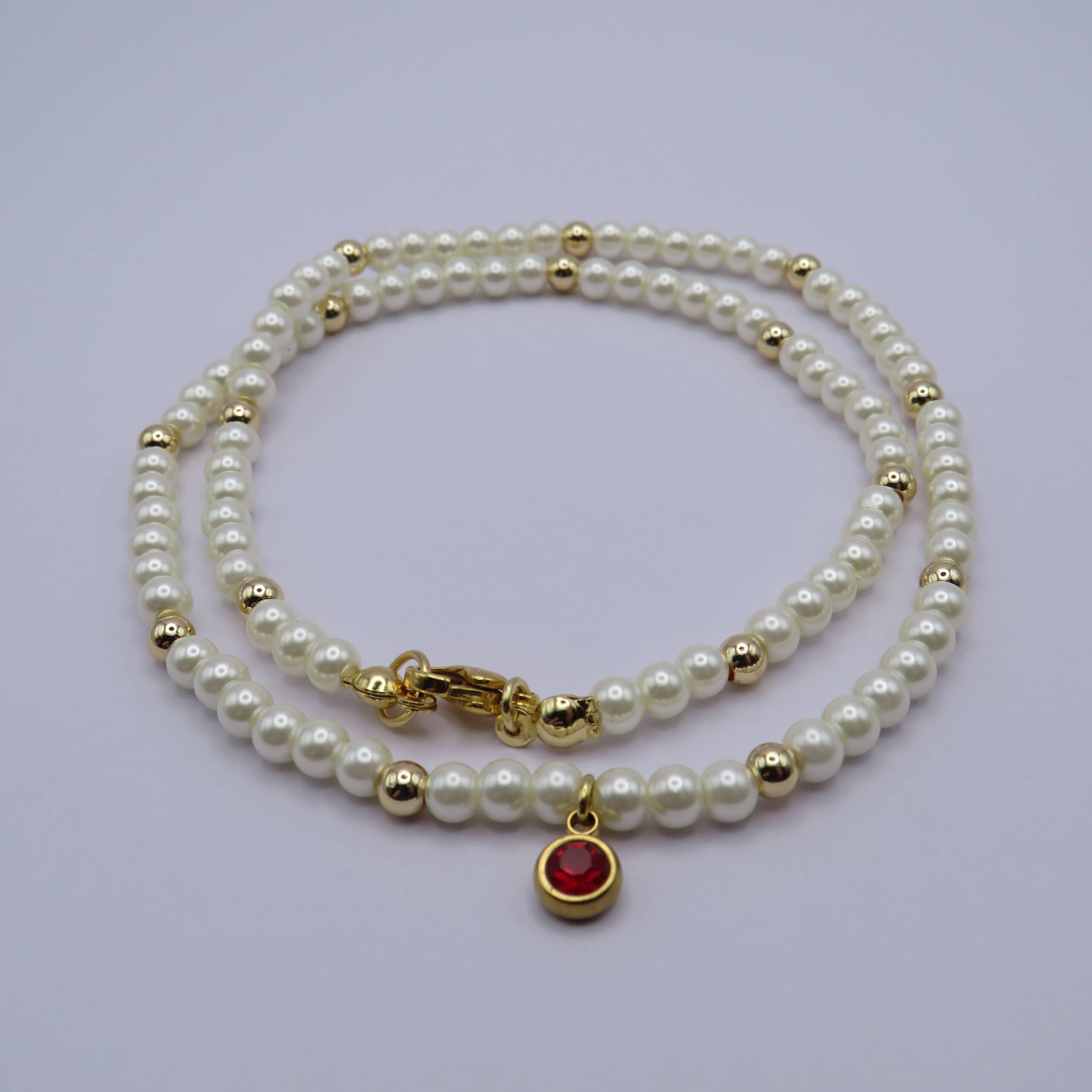 Stainless Steel White Glass Pearls Red Rhinestone Necklace