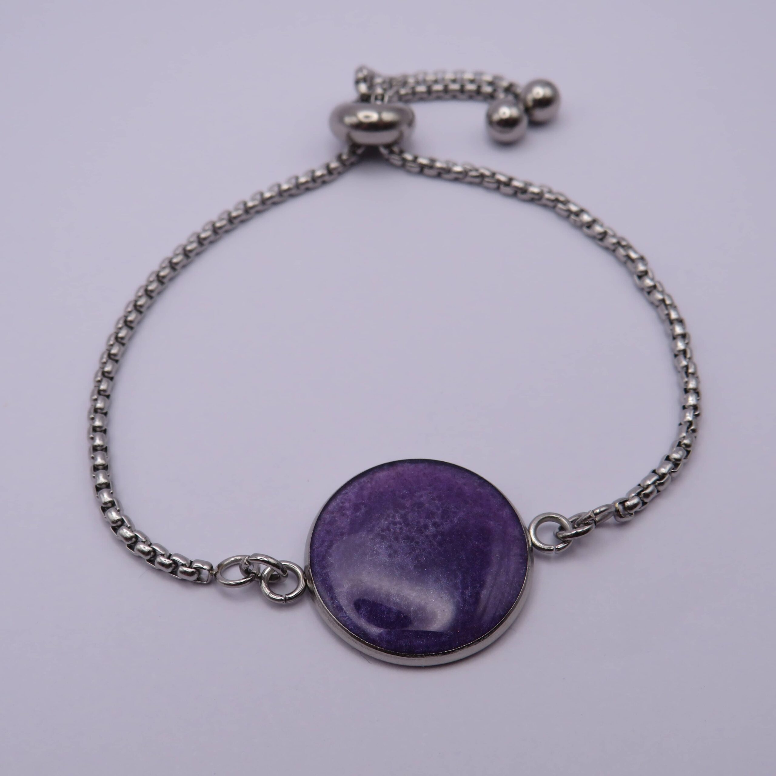 Stainless Steel Purple Cabochon Adjustable Slider Bracelet