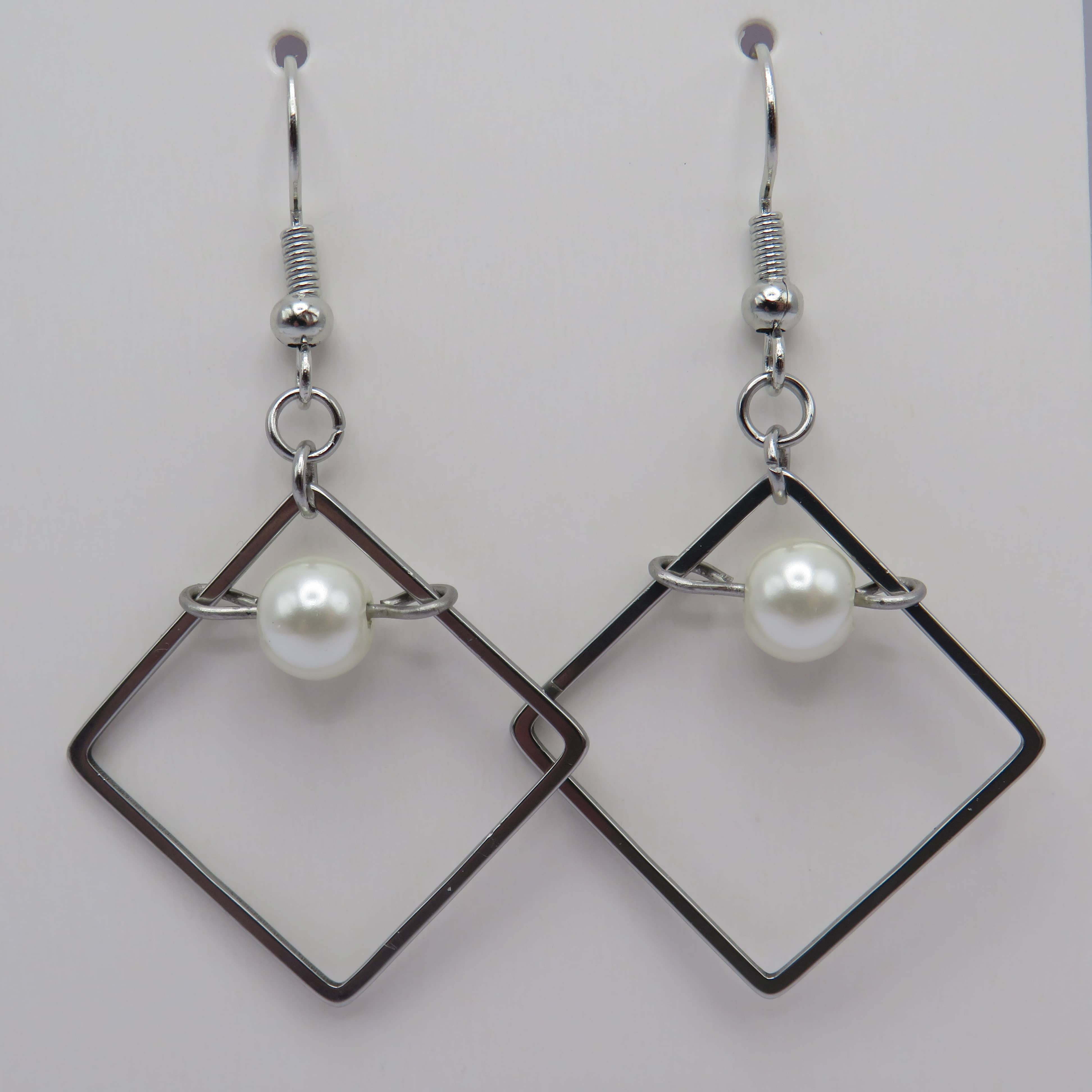 Stainless Steel Glass Pearl Square Drop Earrings