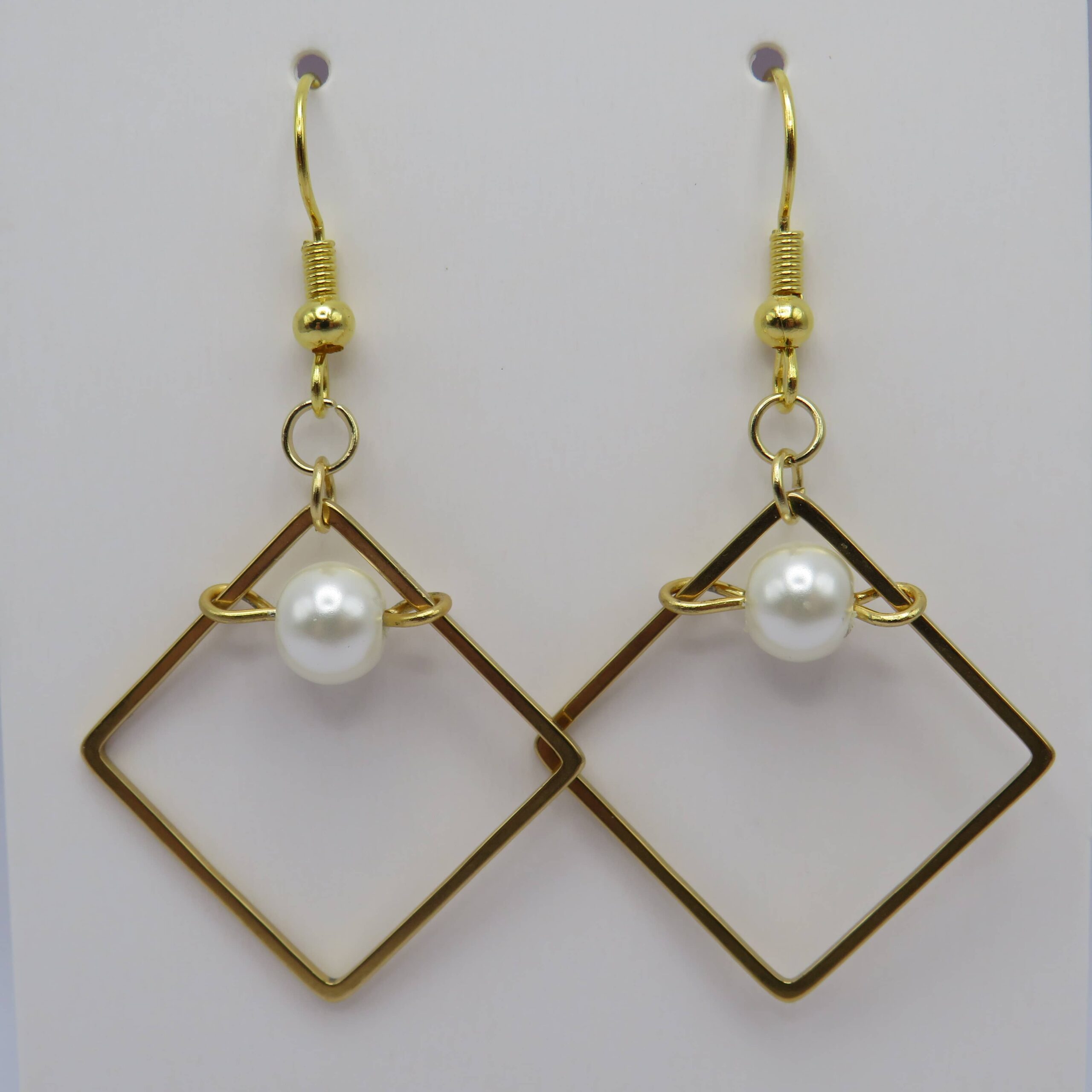 Stainless Steel Glass Pearl Gold Square Drop Earrings