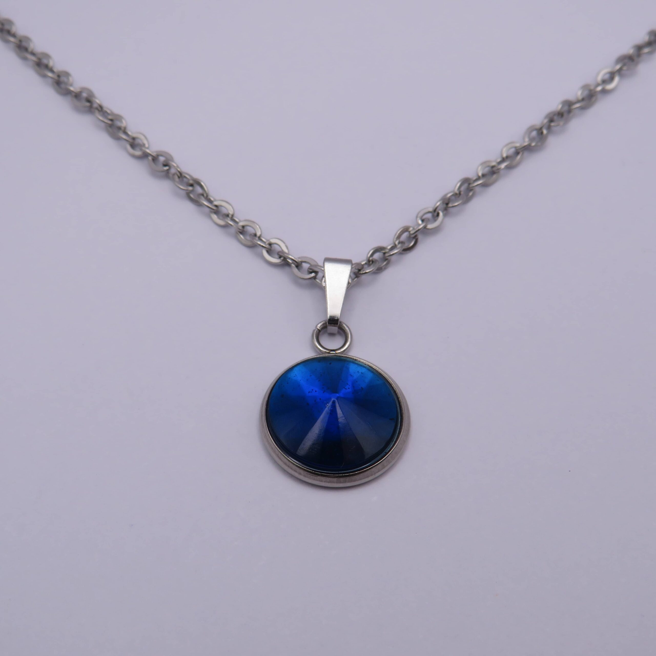 Stainless Steel Blue Resin Rhinestone Pendant Necklace