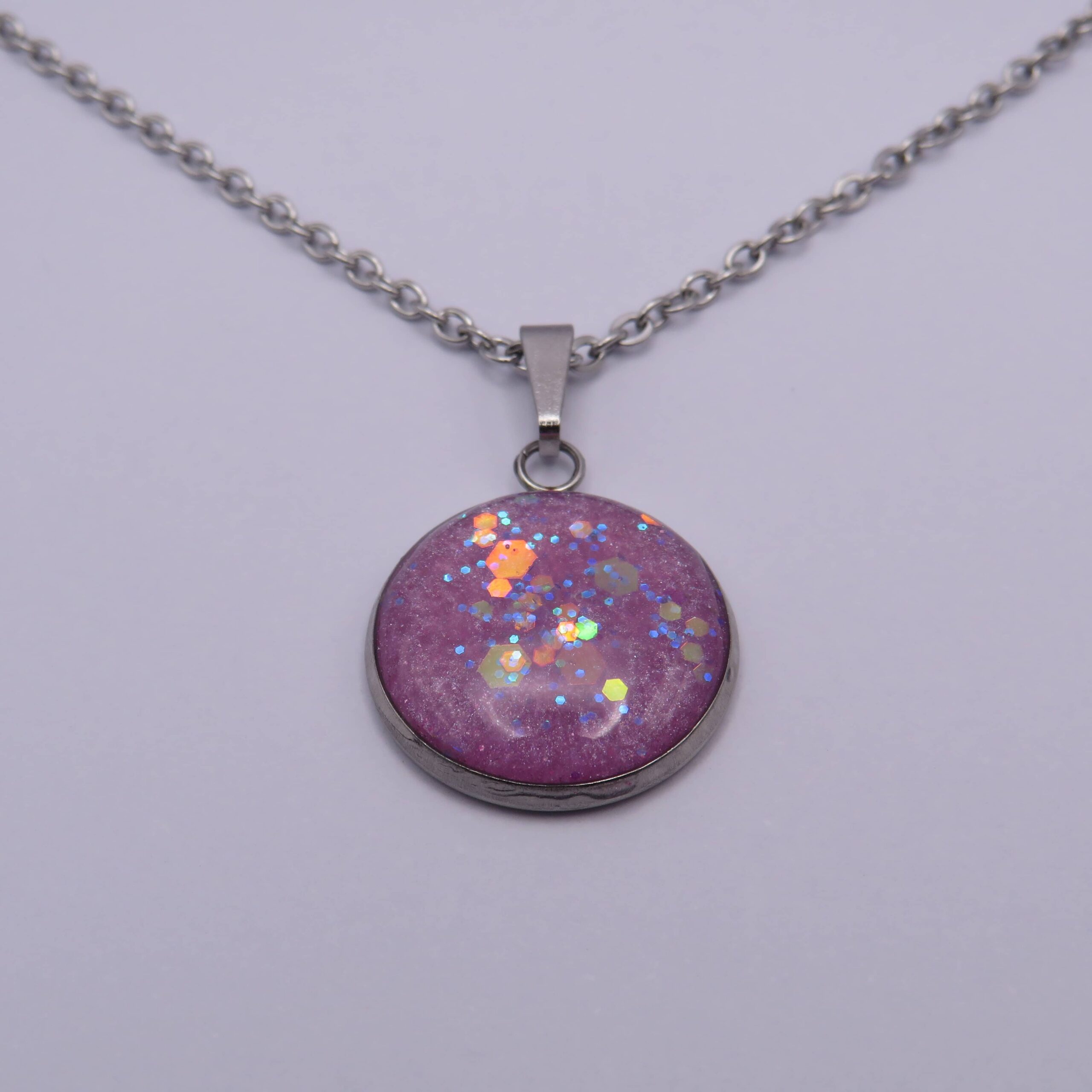 Stainless Steel Pink Sequins Cabochon Pendant Necklace