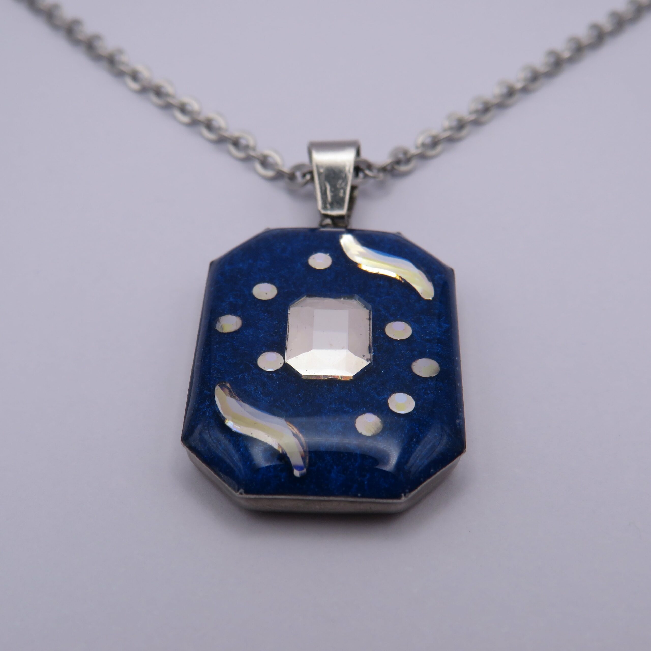 Stainless Steel Blue Rectangle Cabochon Rhinestones Pendant Necklace