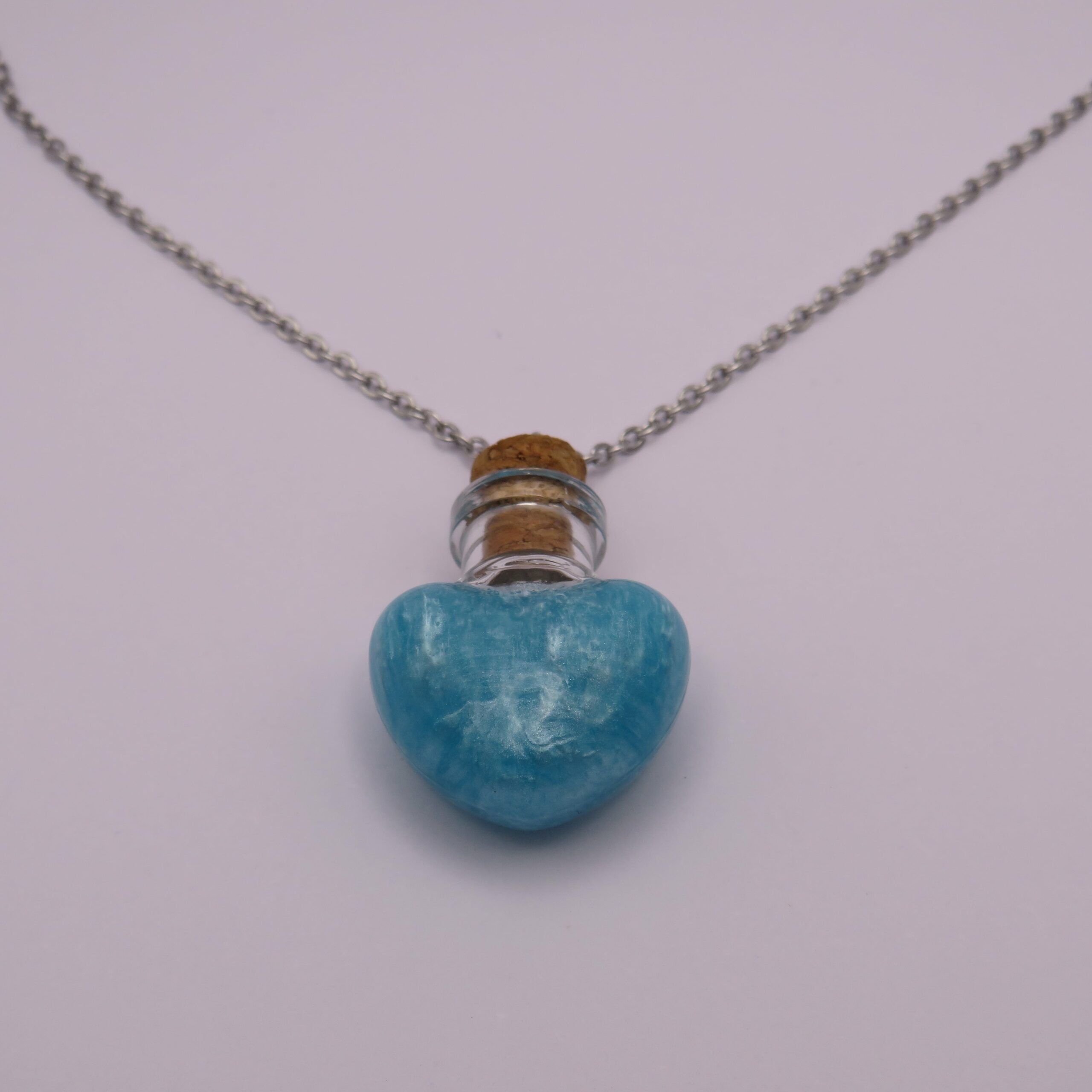 Stainless Steel Blue Heart Mini Glass Bottle Pendant Necklace