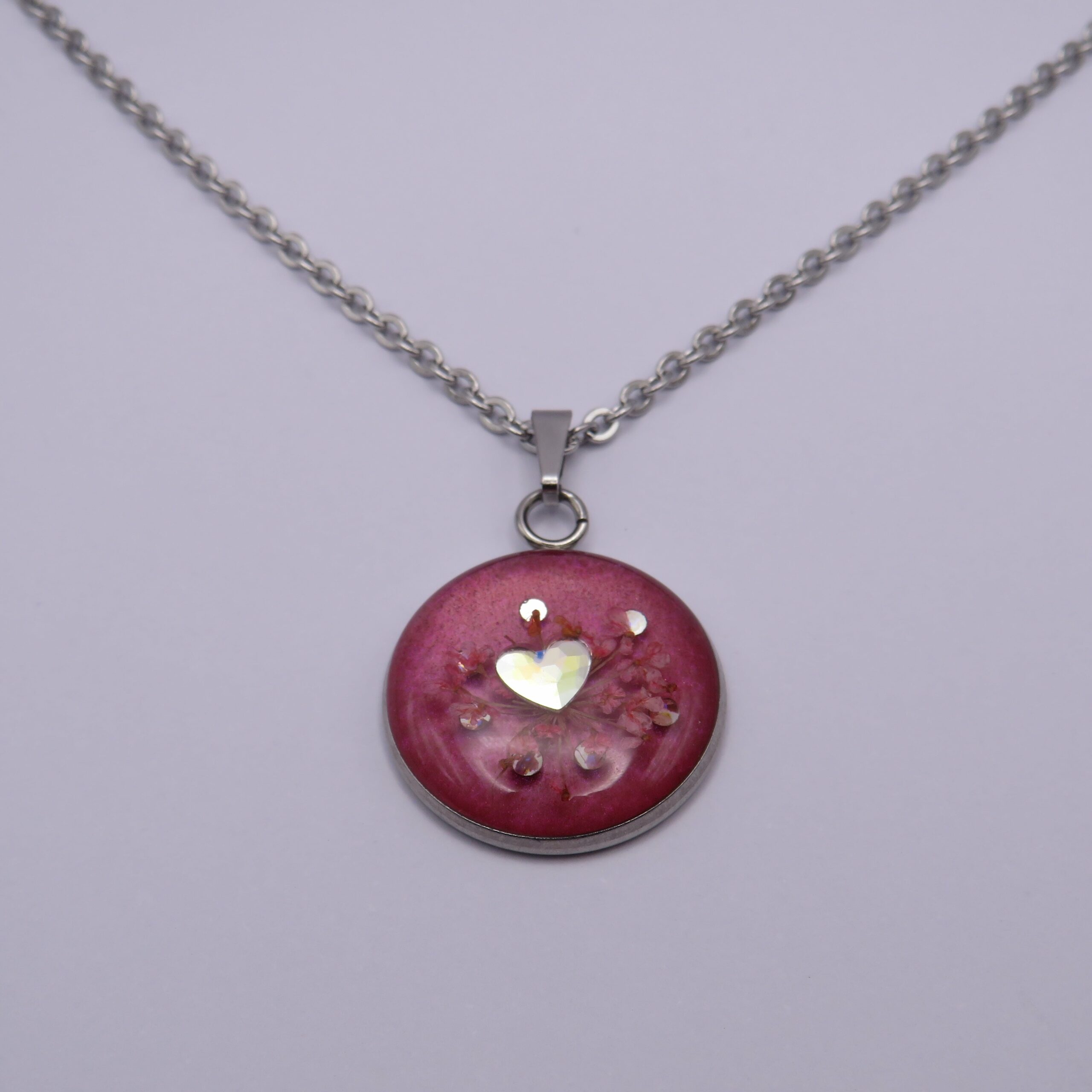 Stainless Steel Rhinestones Pink Cabochon Pendant Necklace