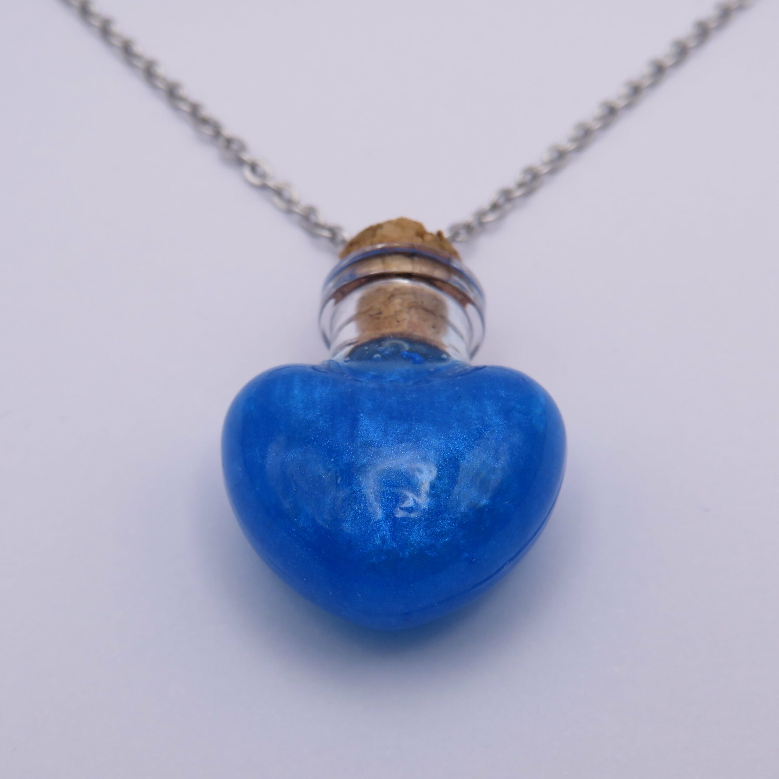 Stainless Steel Blue Heart Mini Glass Bottle Pendant Necklace