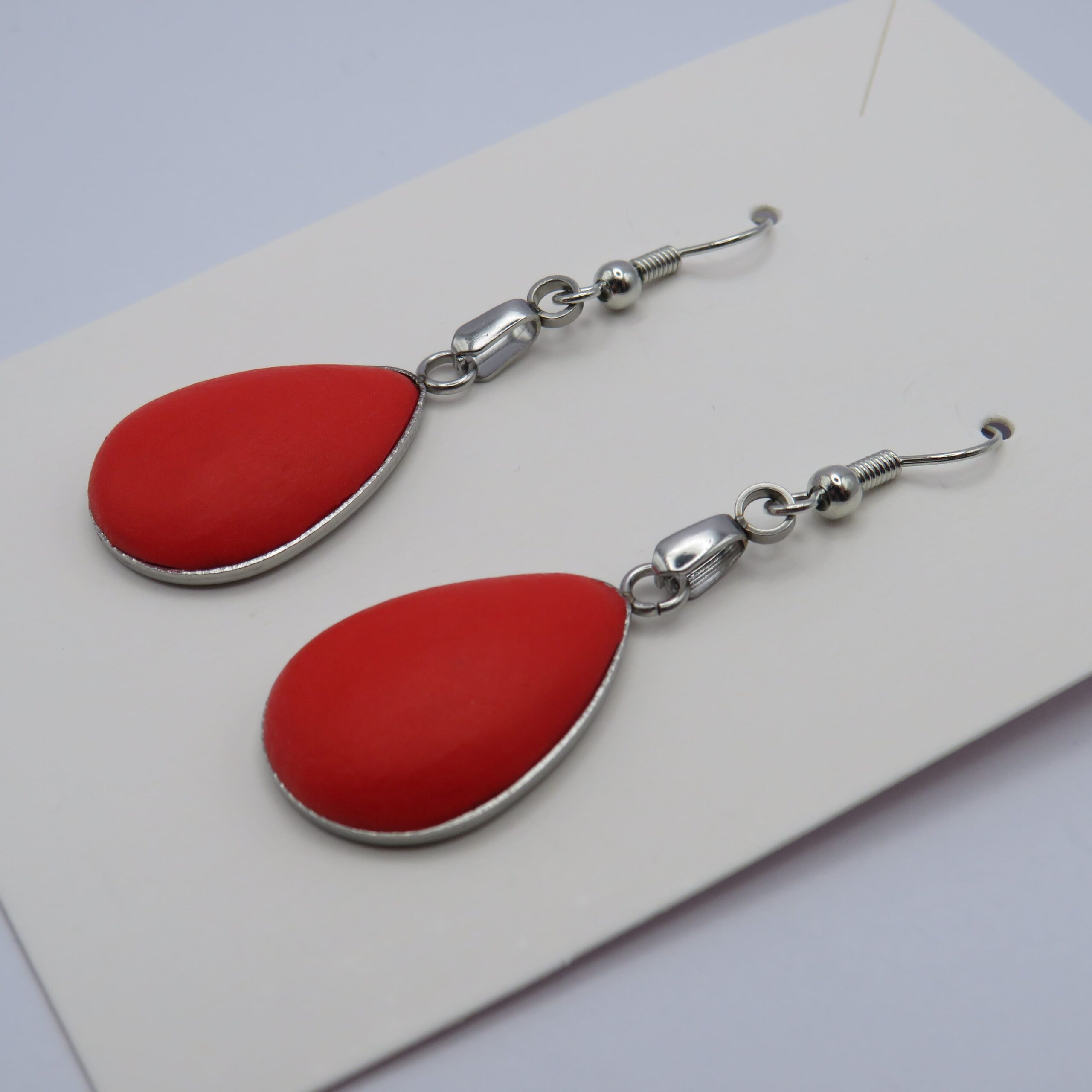 Stainless Steel Red Clay Oval Cabochon Drop Earrings