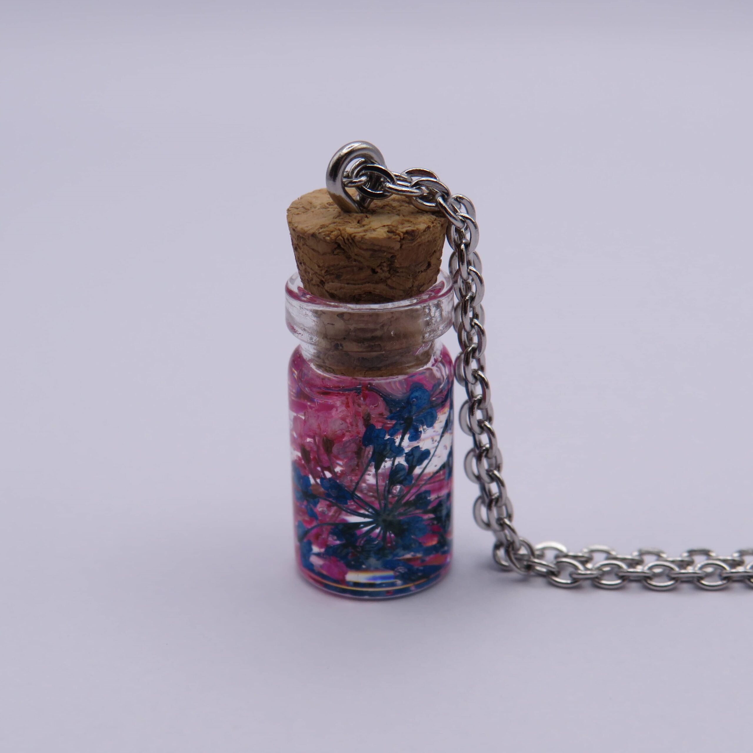 Stainless Steel Pink & Blue Flowers Mini Glass Bottle Pendant Necklace