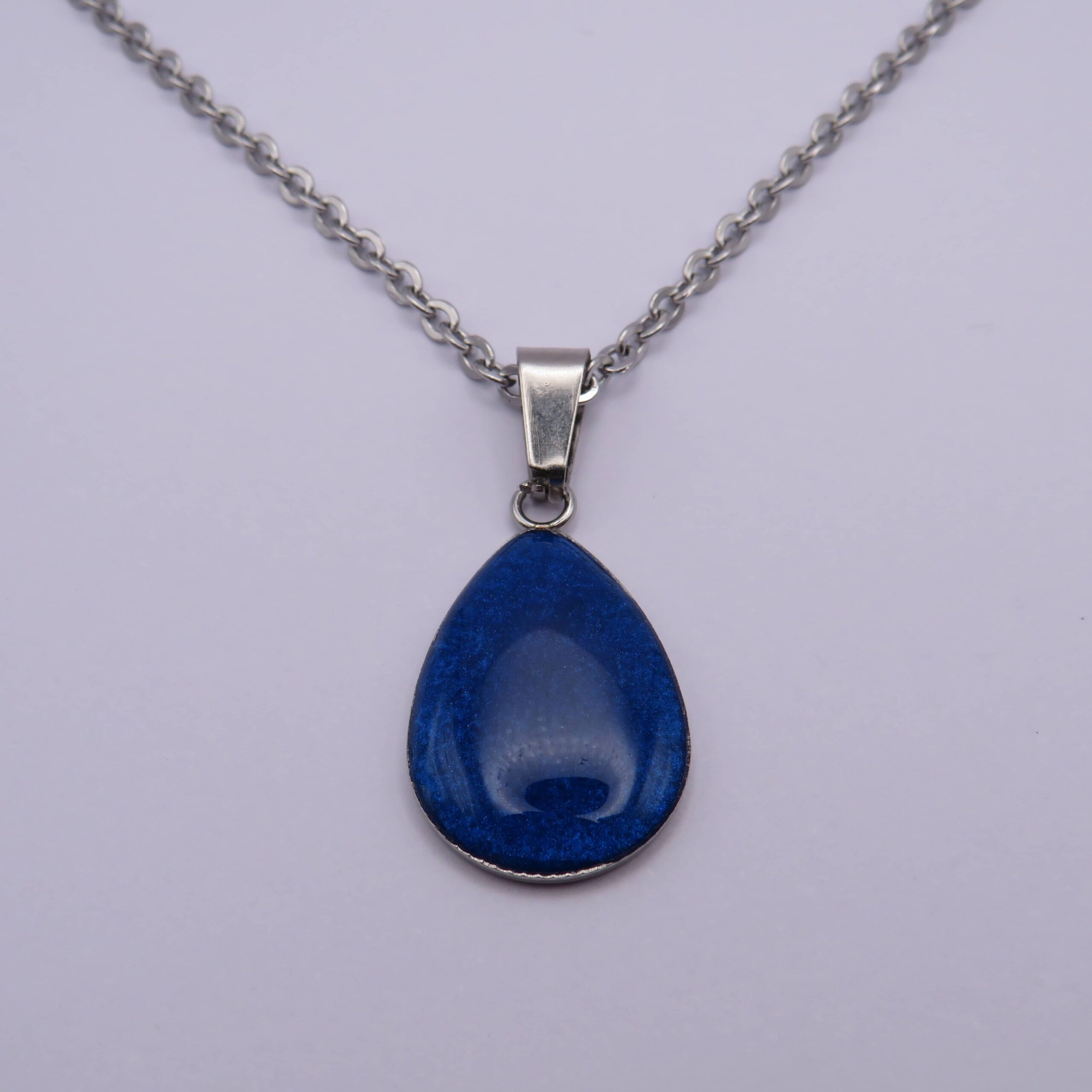 Stainless Steel Blue Resin Cabochon Pendant Necklace