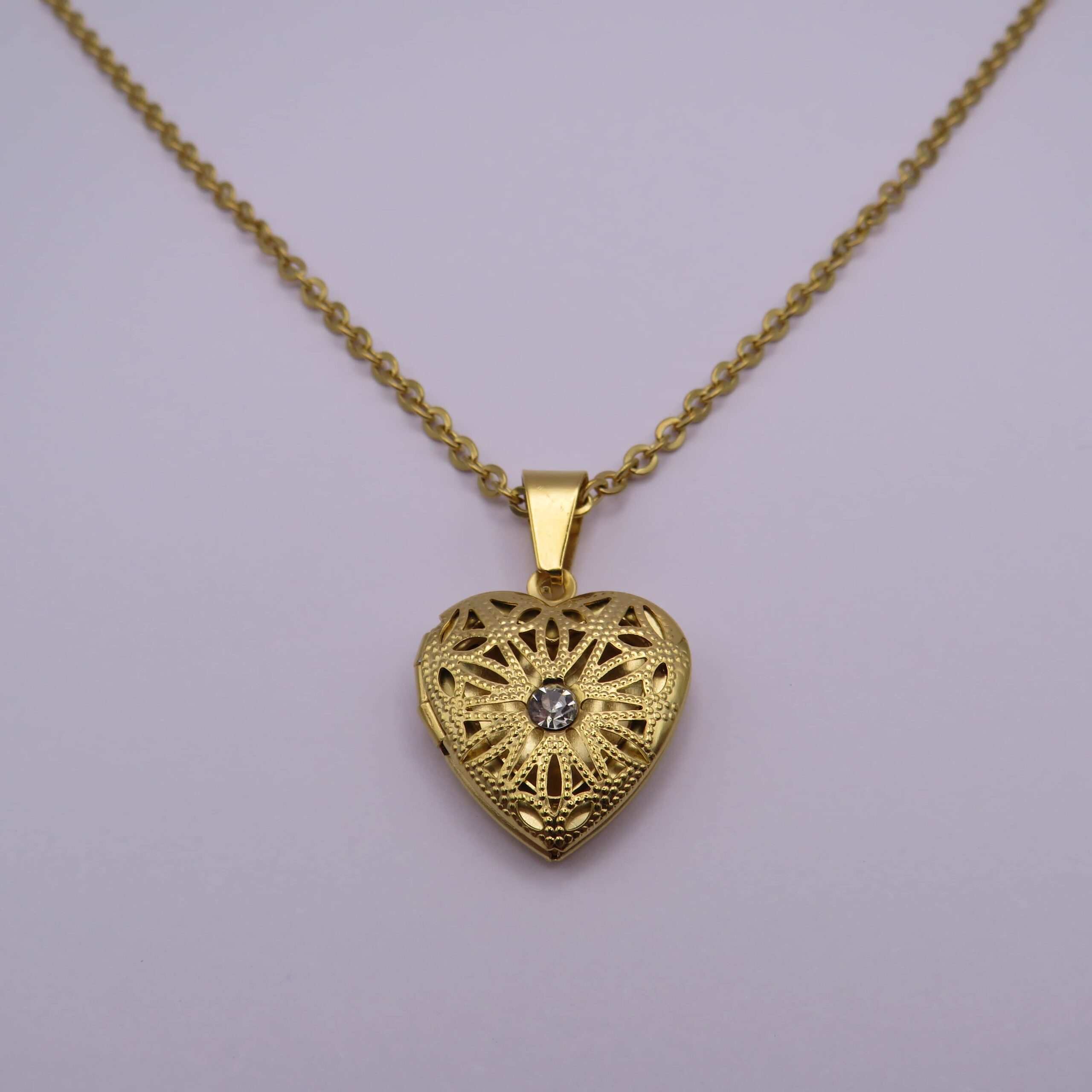 Stainless Steel Golden Heart Rhinestone Photo Locket Pendant Necklace