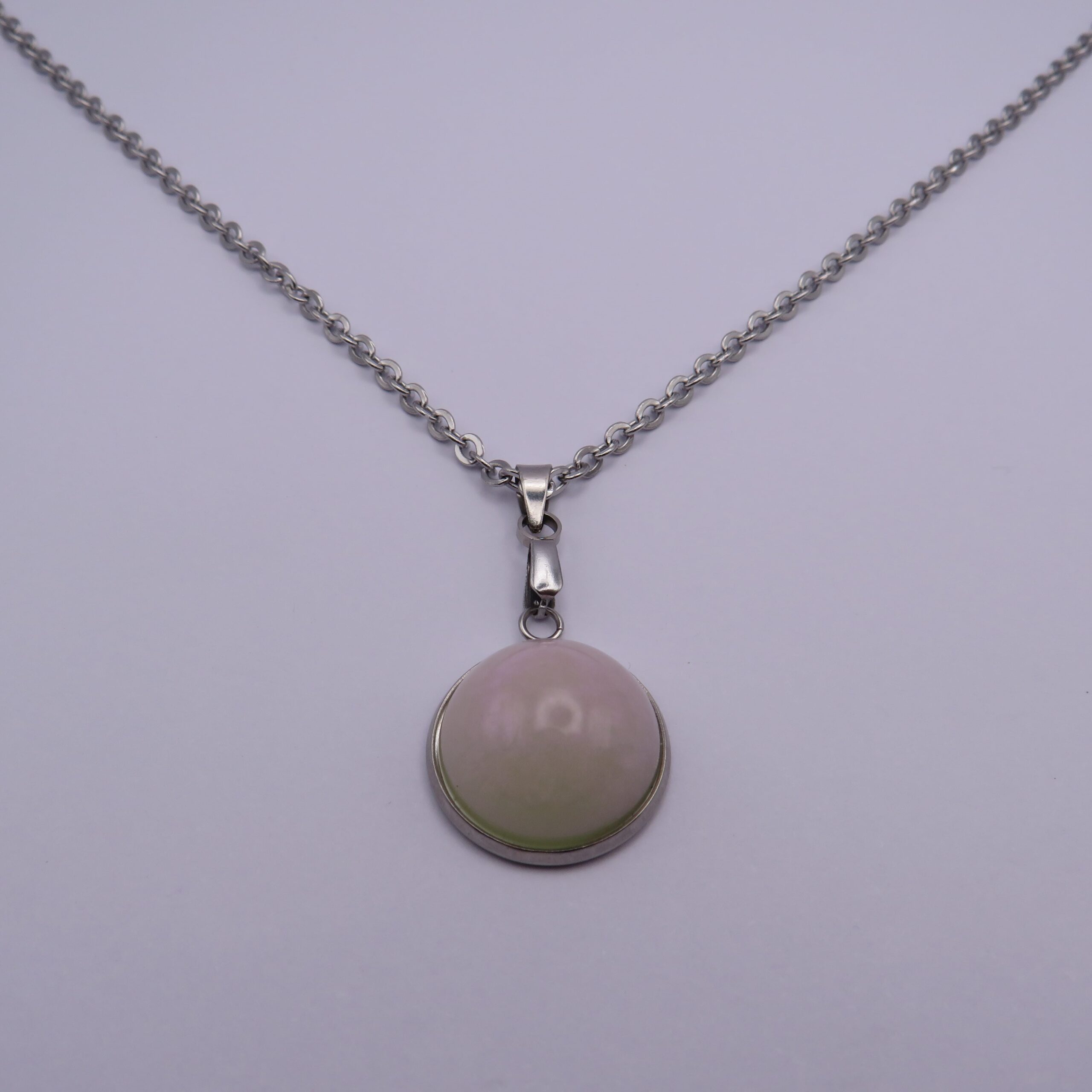 Stainless Steel White Resin Cabochon Large Pendant Necklace
