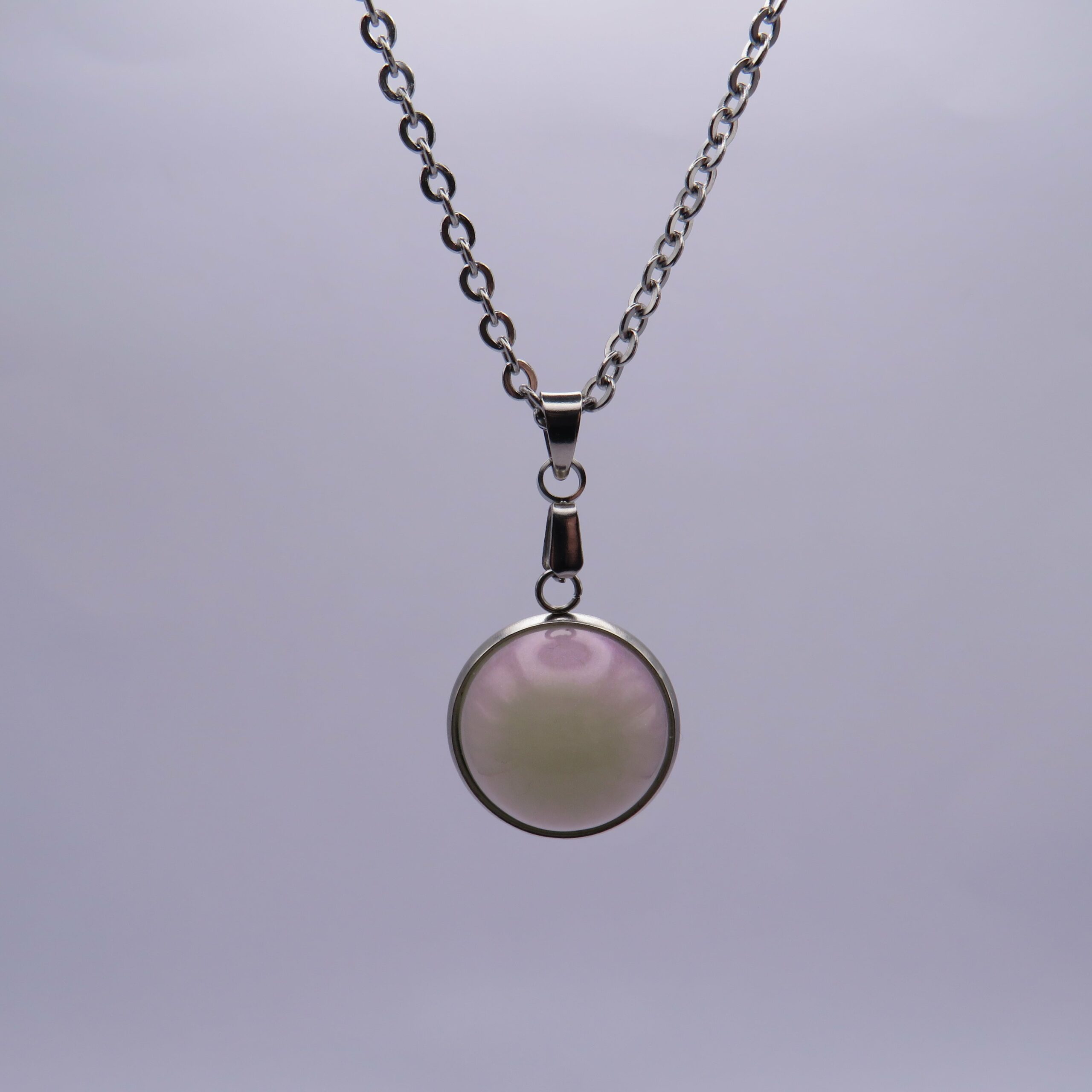 Stainless Steel White Resin Cabochon Medium Pendant Necklace