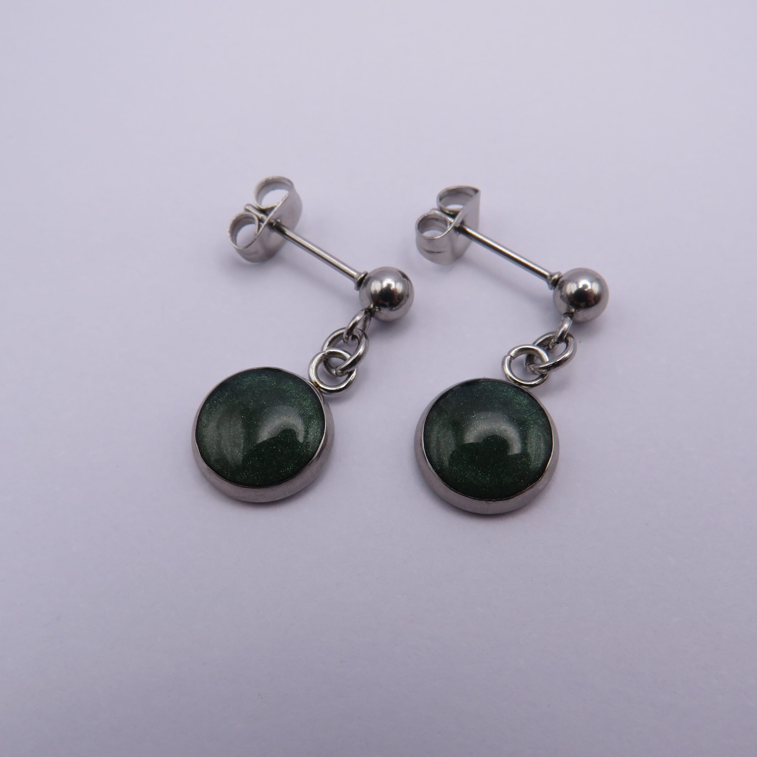 Stainless Steel Green Cabochon Ball Drop Earrings