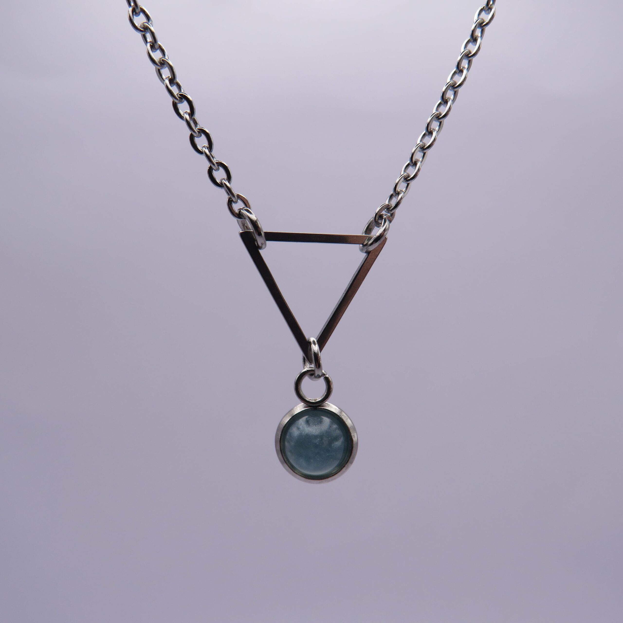 Stainless Steel Light Blue Cabochon Triangle Pendant Necklace