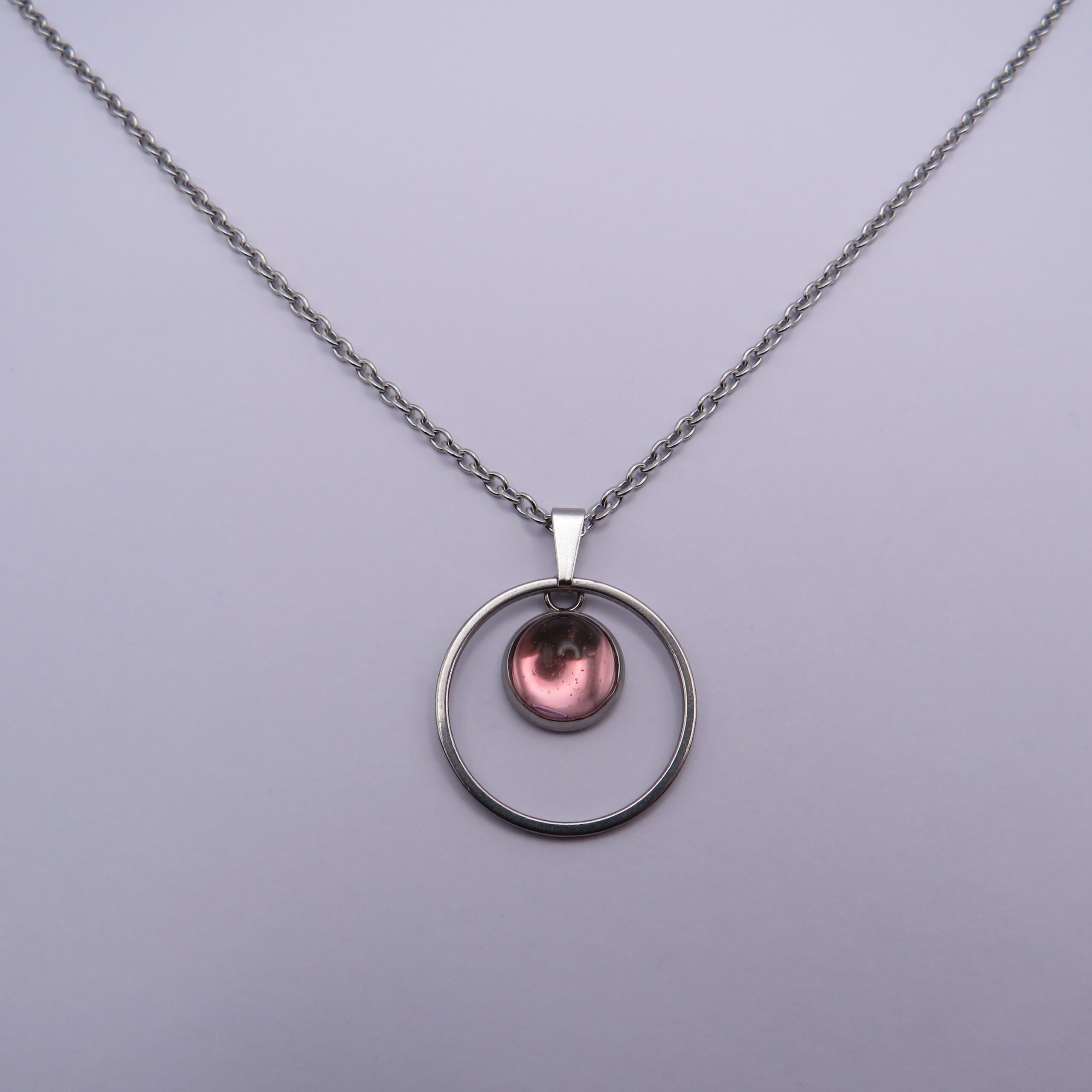 Stainless Steel Pink Cabochon Circle Pendant Necklace