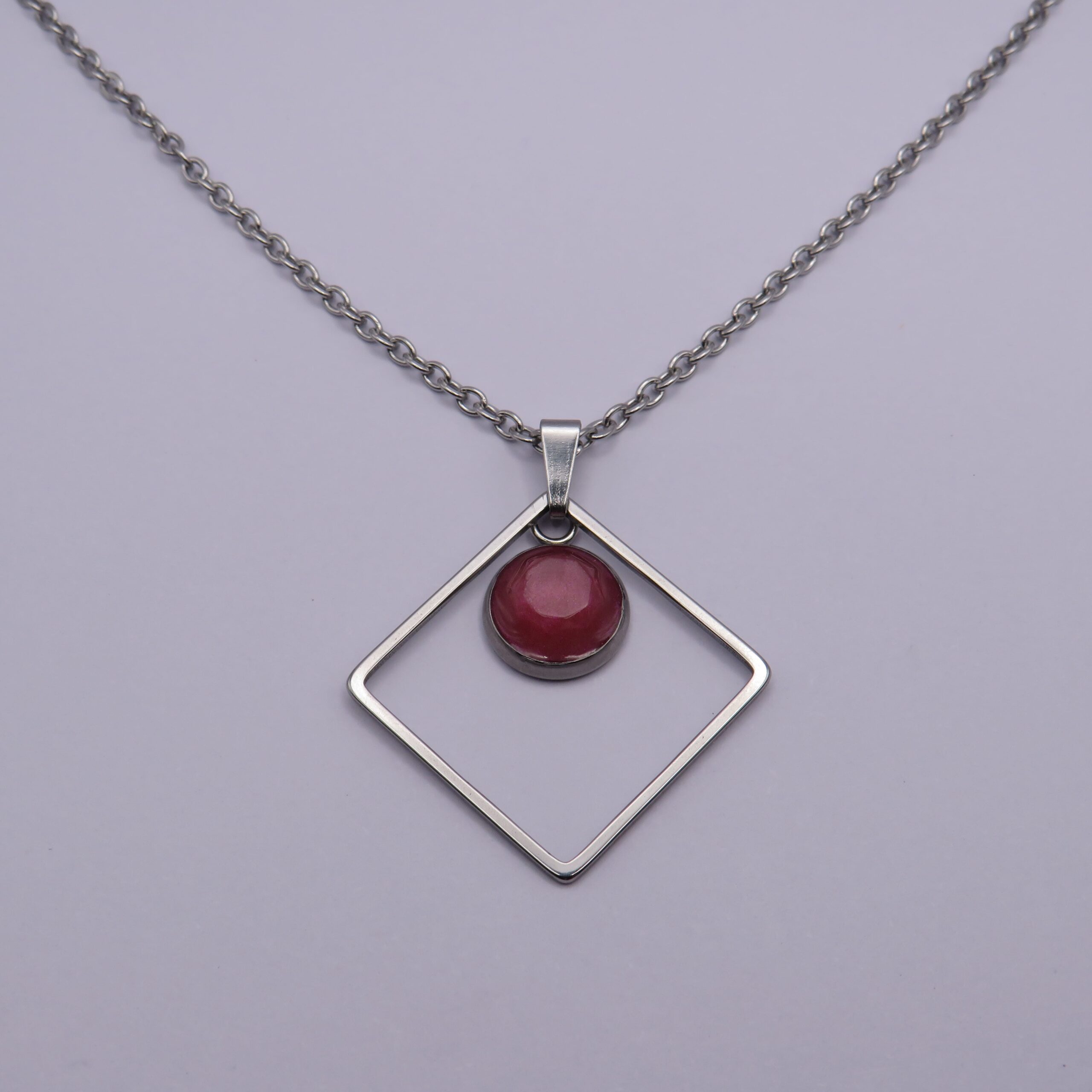 Stainless Steel Pink Cabochon Square Pendant Necklace