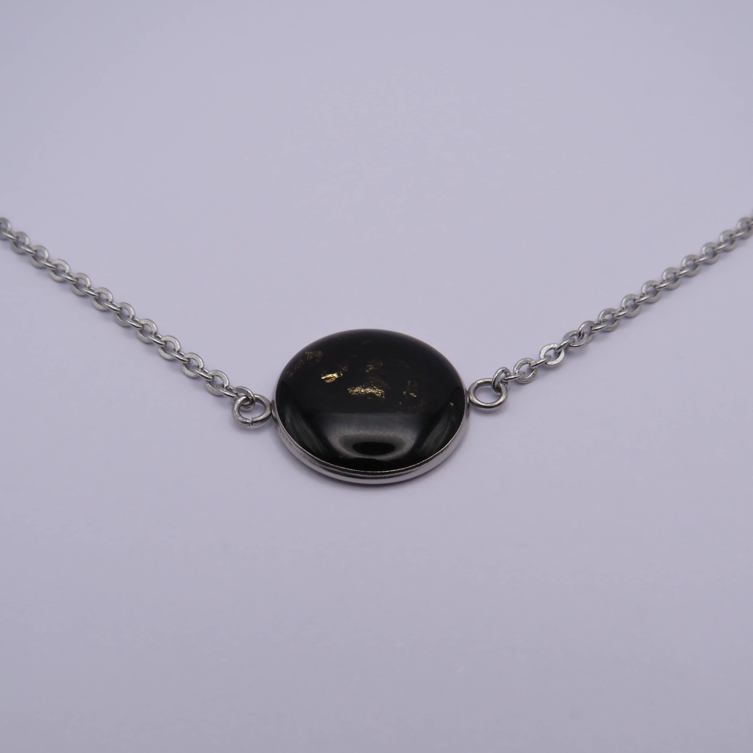 Stainless Steel Black Cabochon & Gold Leaf Necklace