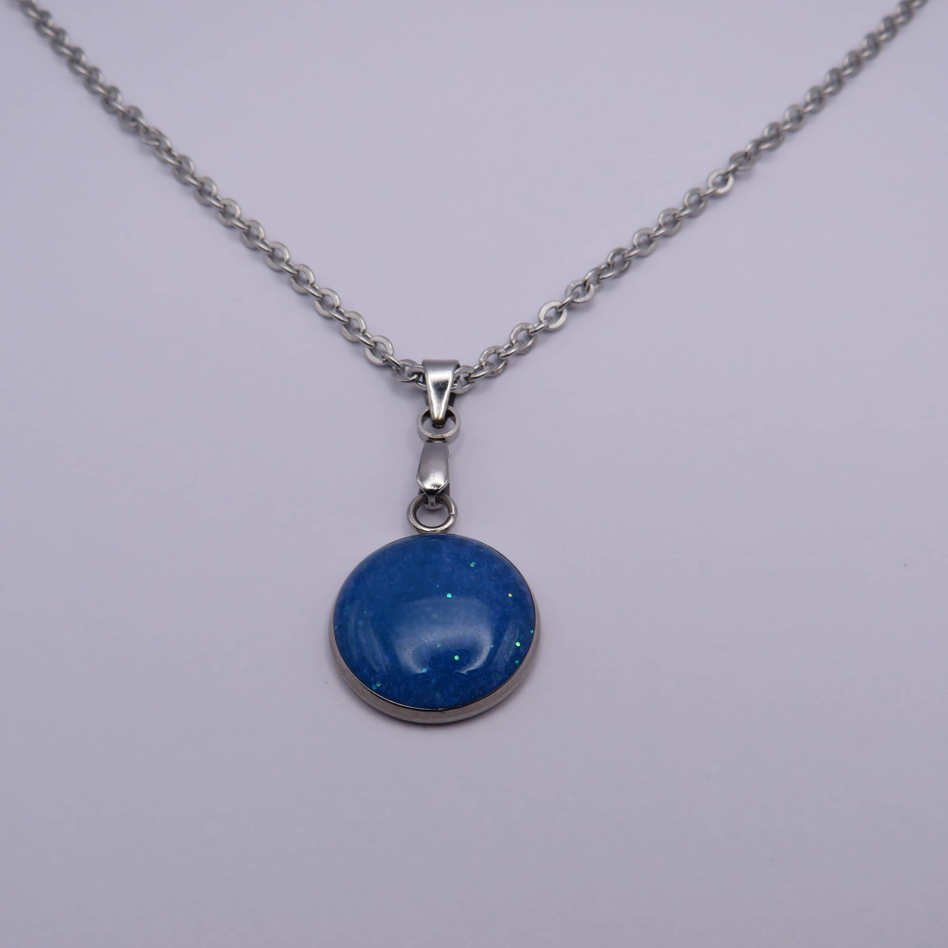 Stainless Steel Blue Glitter Cabochon Pendant Necklace
