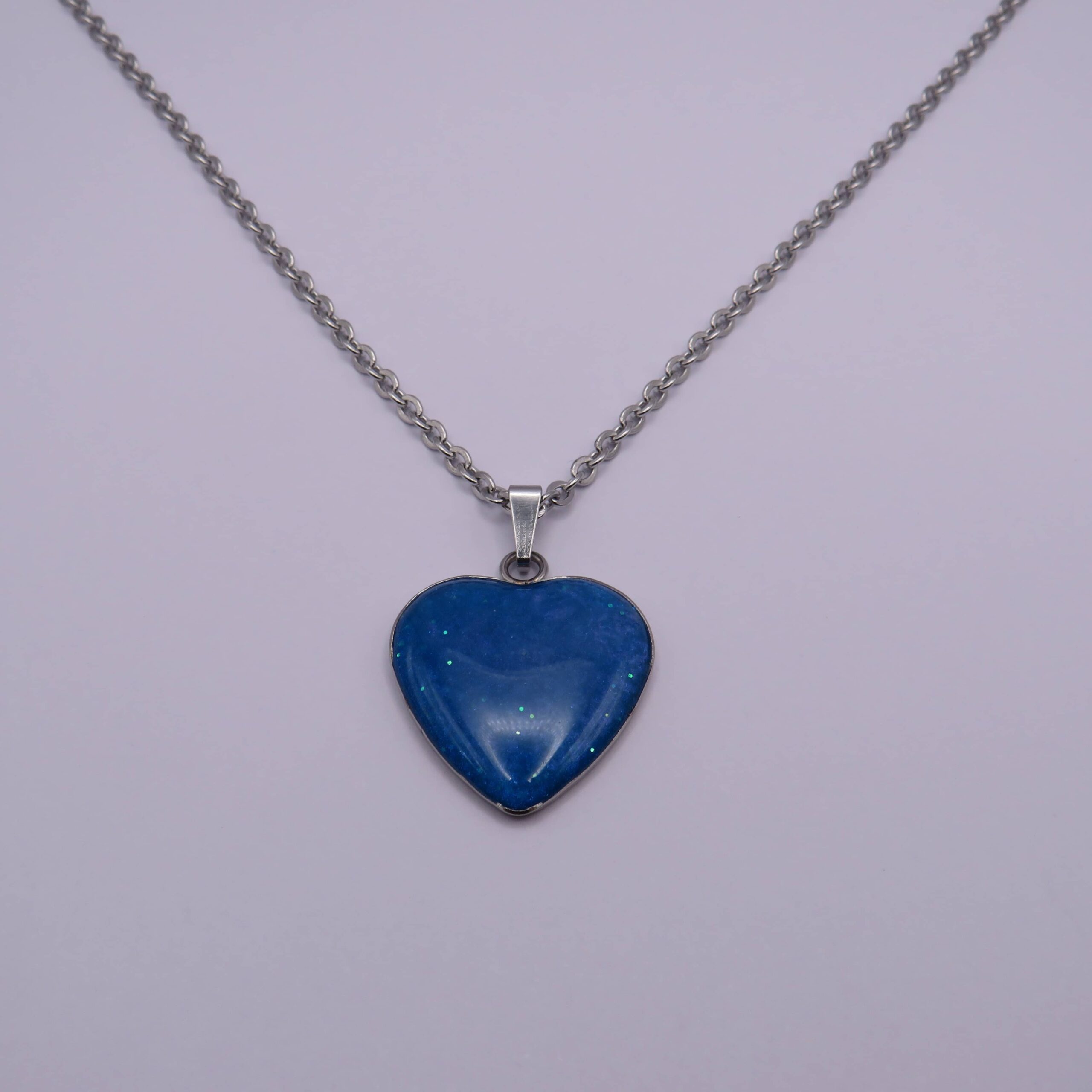 Stainless Steel Blue Glitter Cabochon Heart Pendant Necklace
