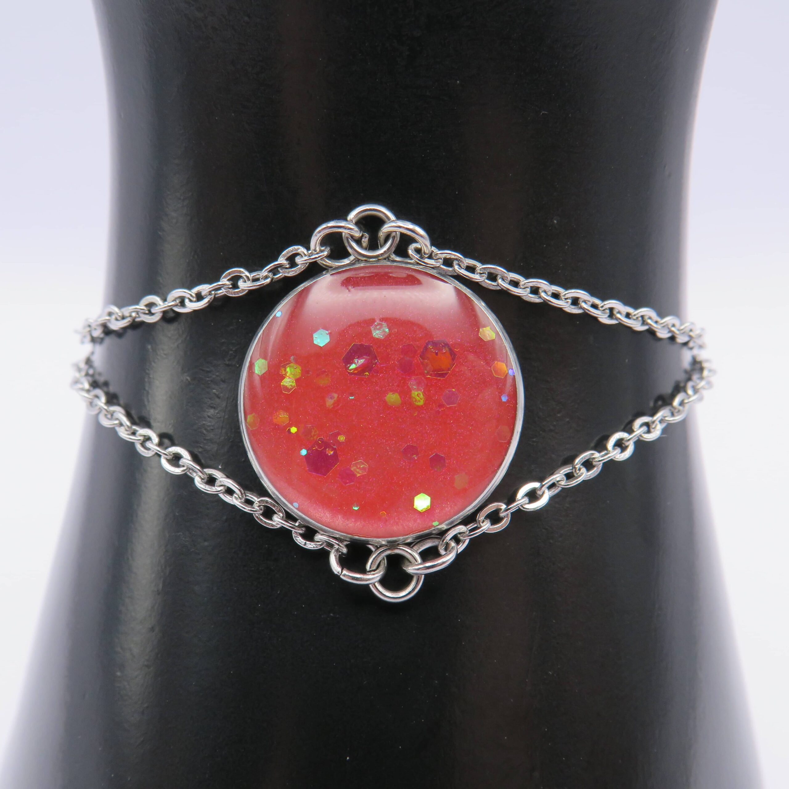 Stainless Steel Pink Sequins Cabochon Chain Bracelet