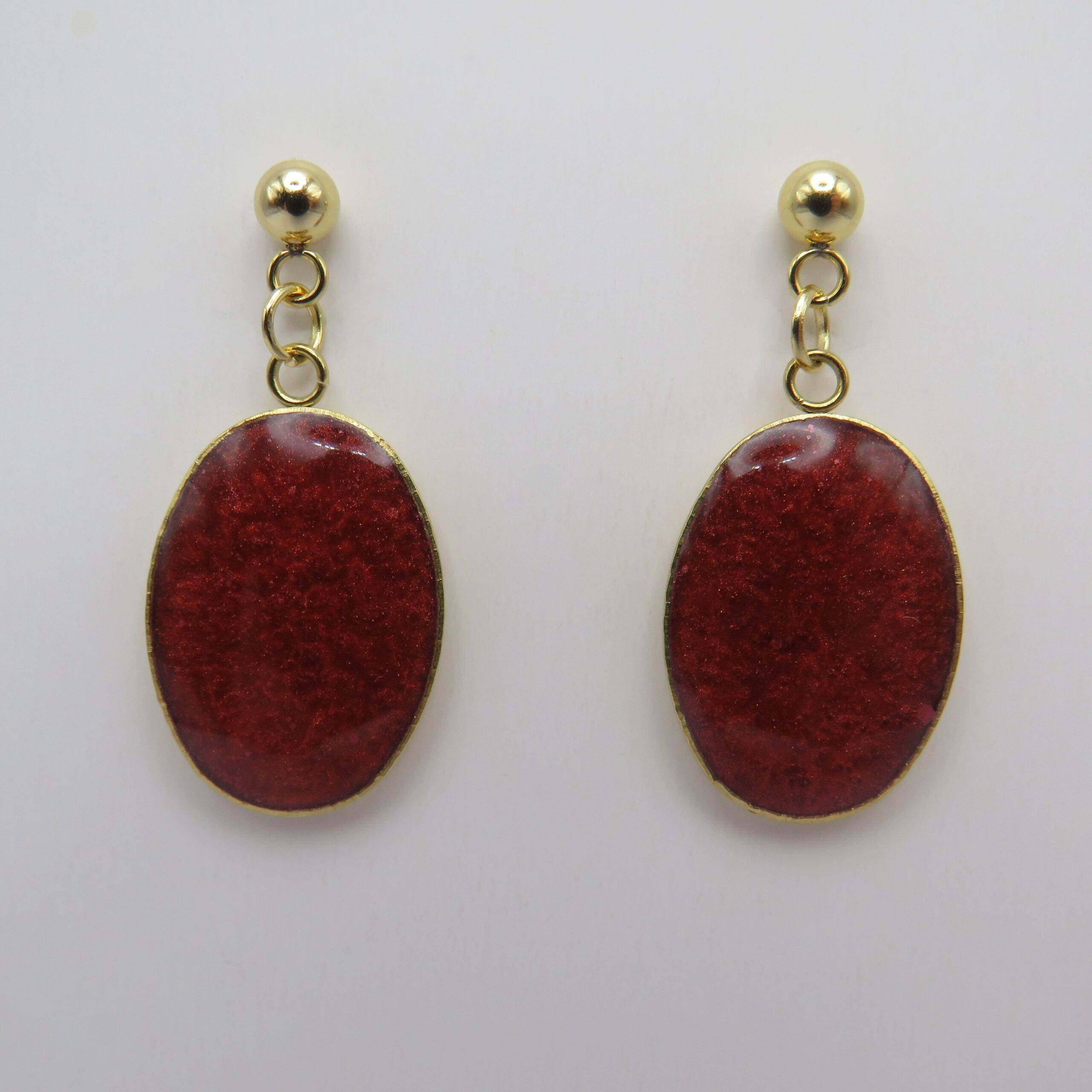 Stainless Steel Red Oval Cabochon Ball Drop Earrings