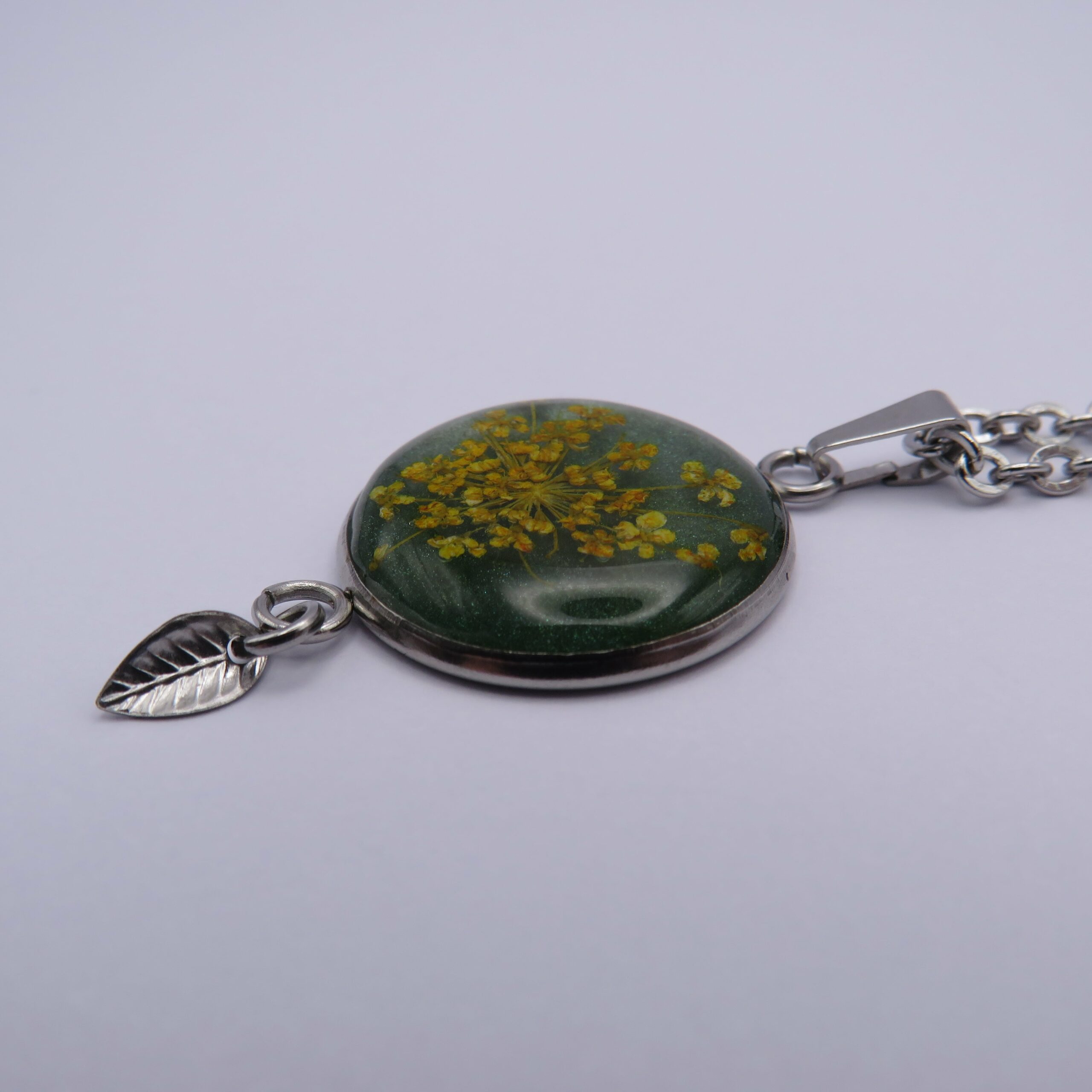 Stainless Steel Yellow Flower Green Cabochon Leaf Pendant Necklace