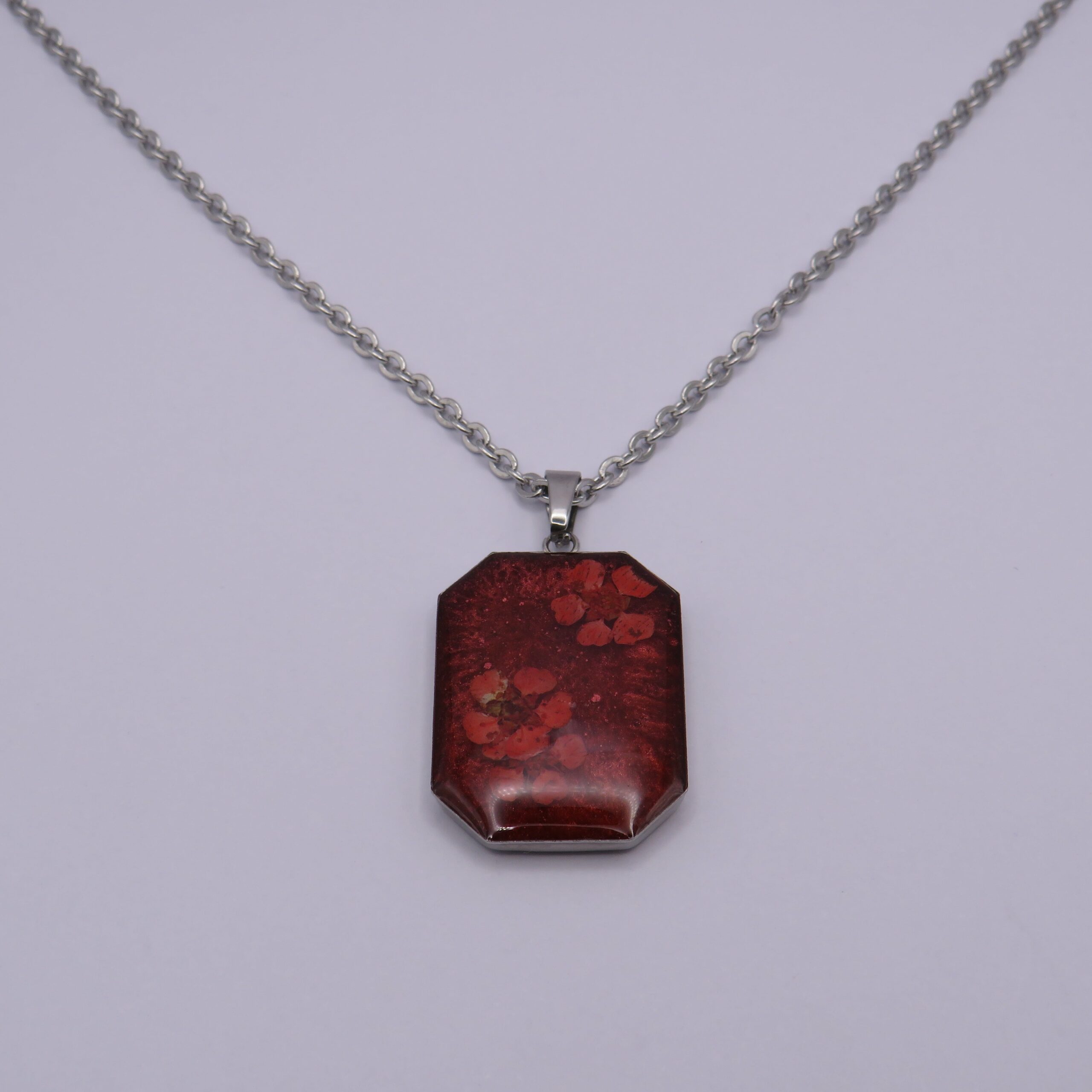 Stainless Steel Red Rectangle Cabochon Flowers Pendant Necklace
