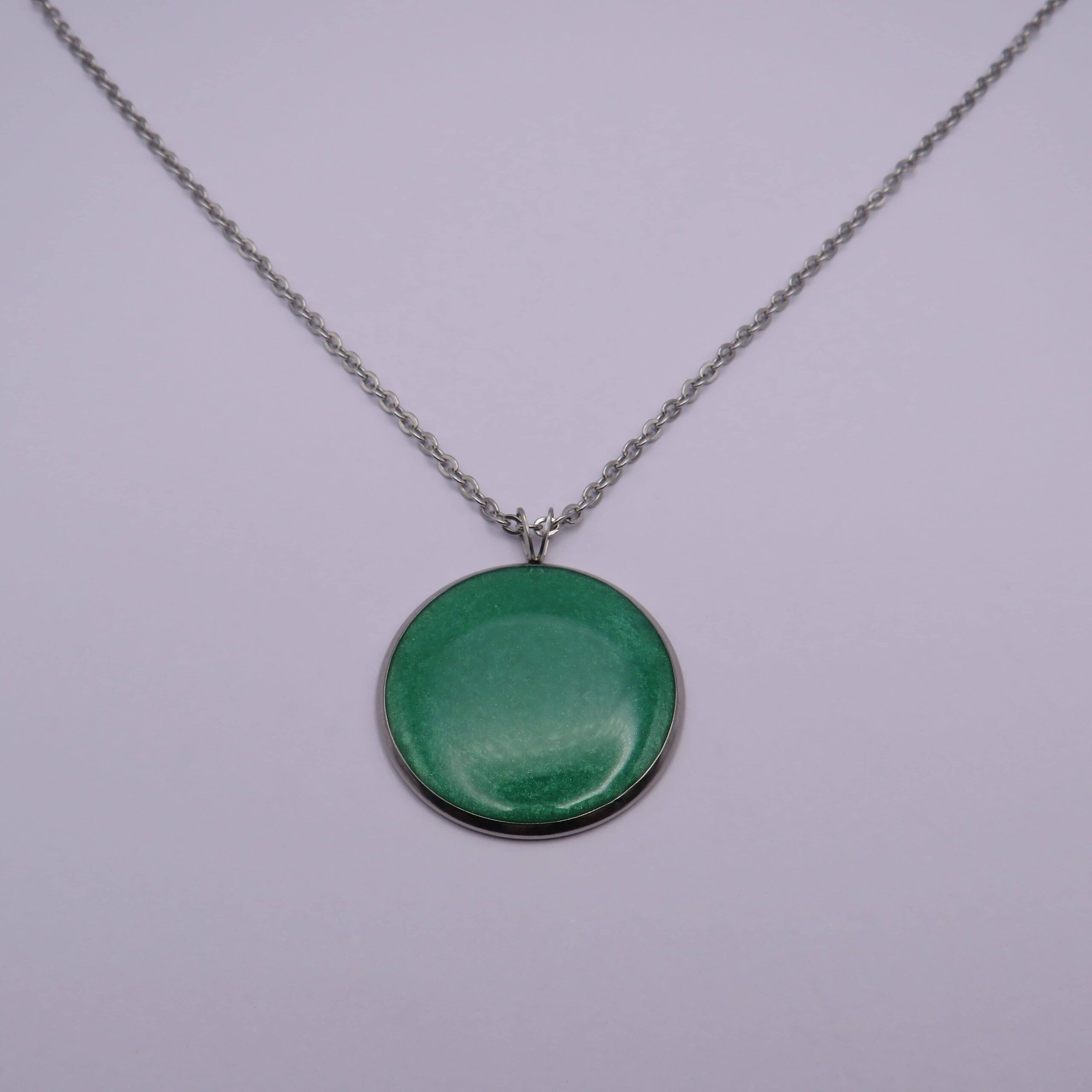 Stainless Steel Long Large Green Cabochon Pendant Necklace