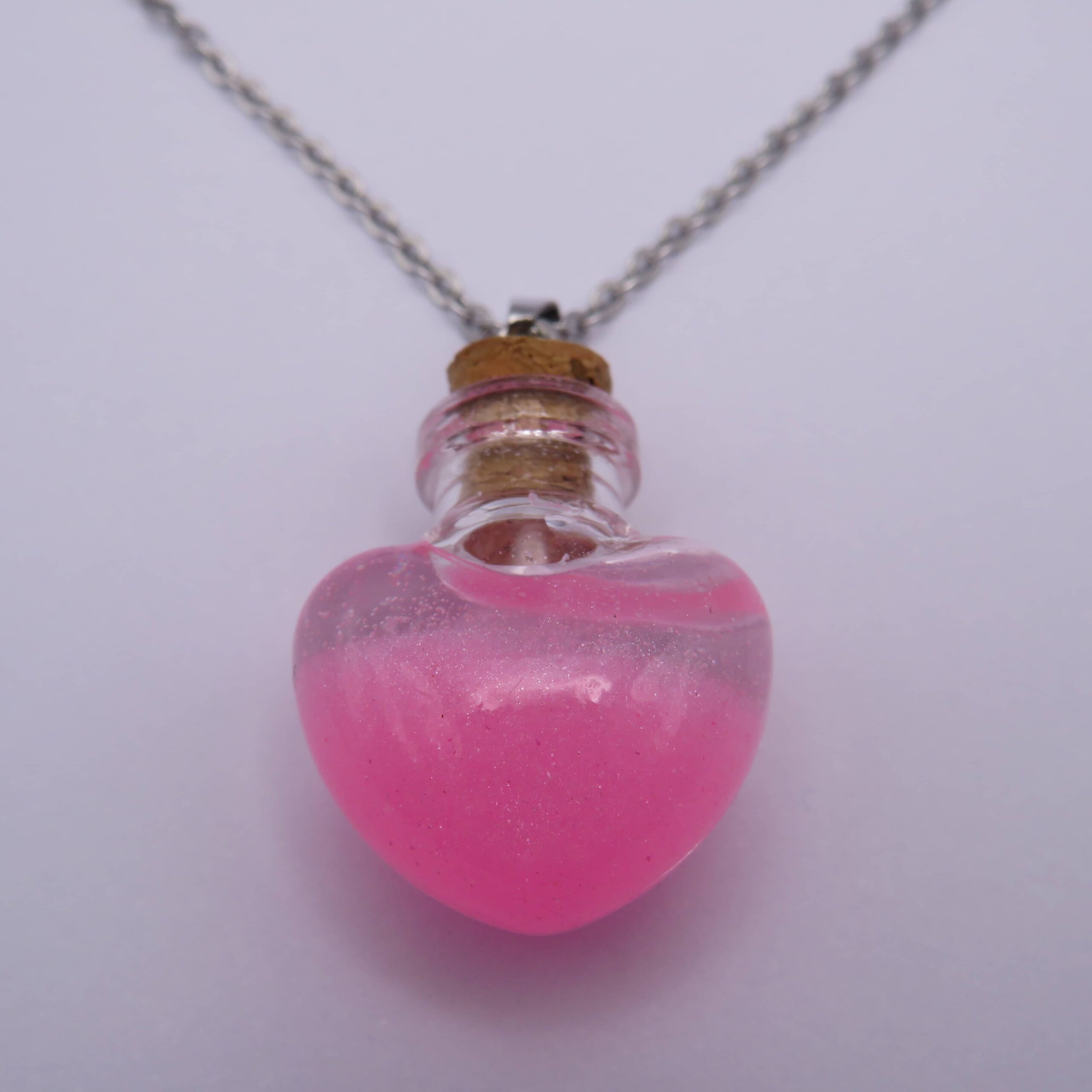 Stainless Steel Pink Heart Mini Glass Bottle Pendant Necklace