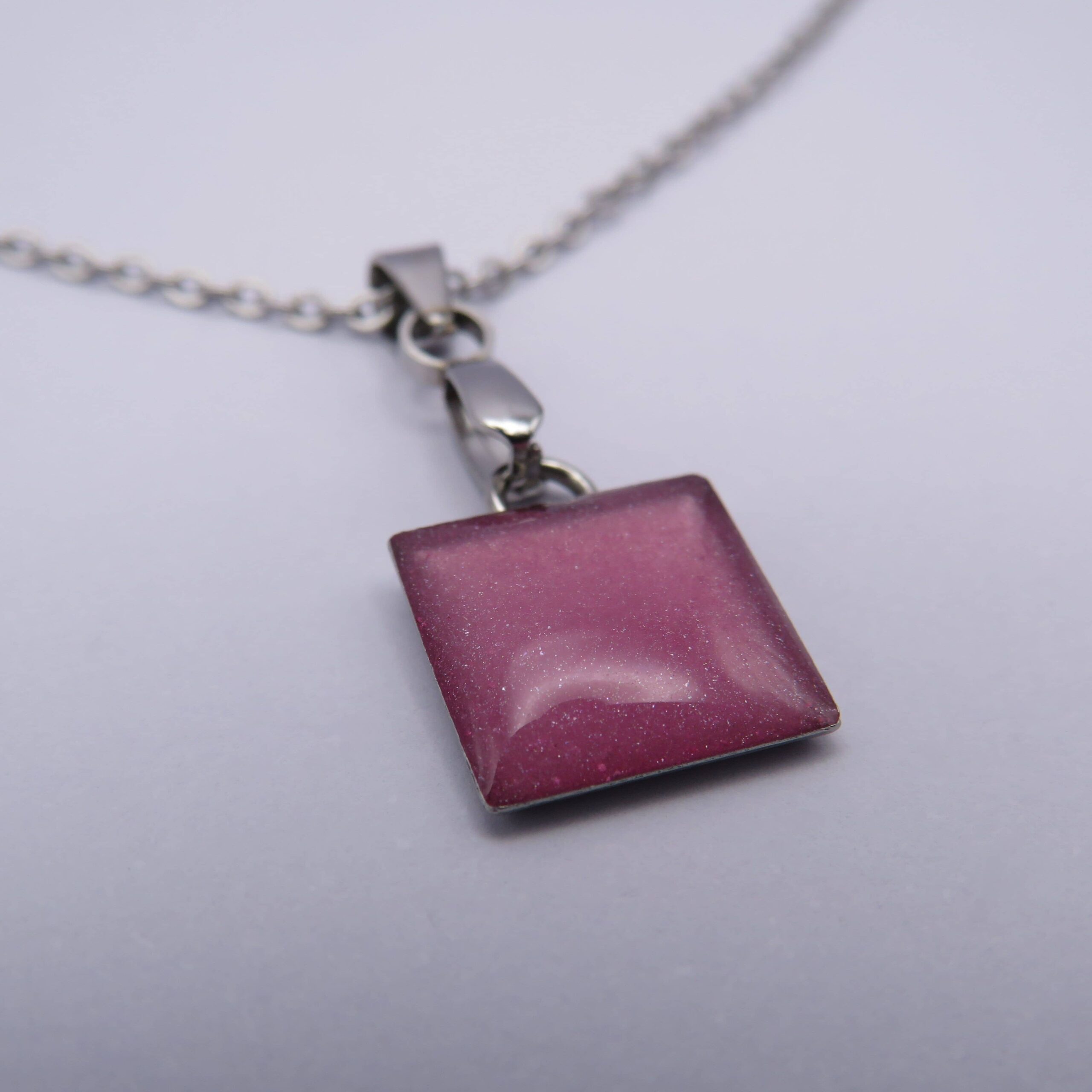 Stainless Steel Pink Square Cabochon Pendant Necklace