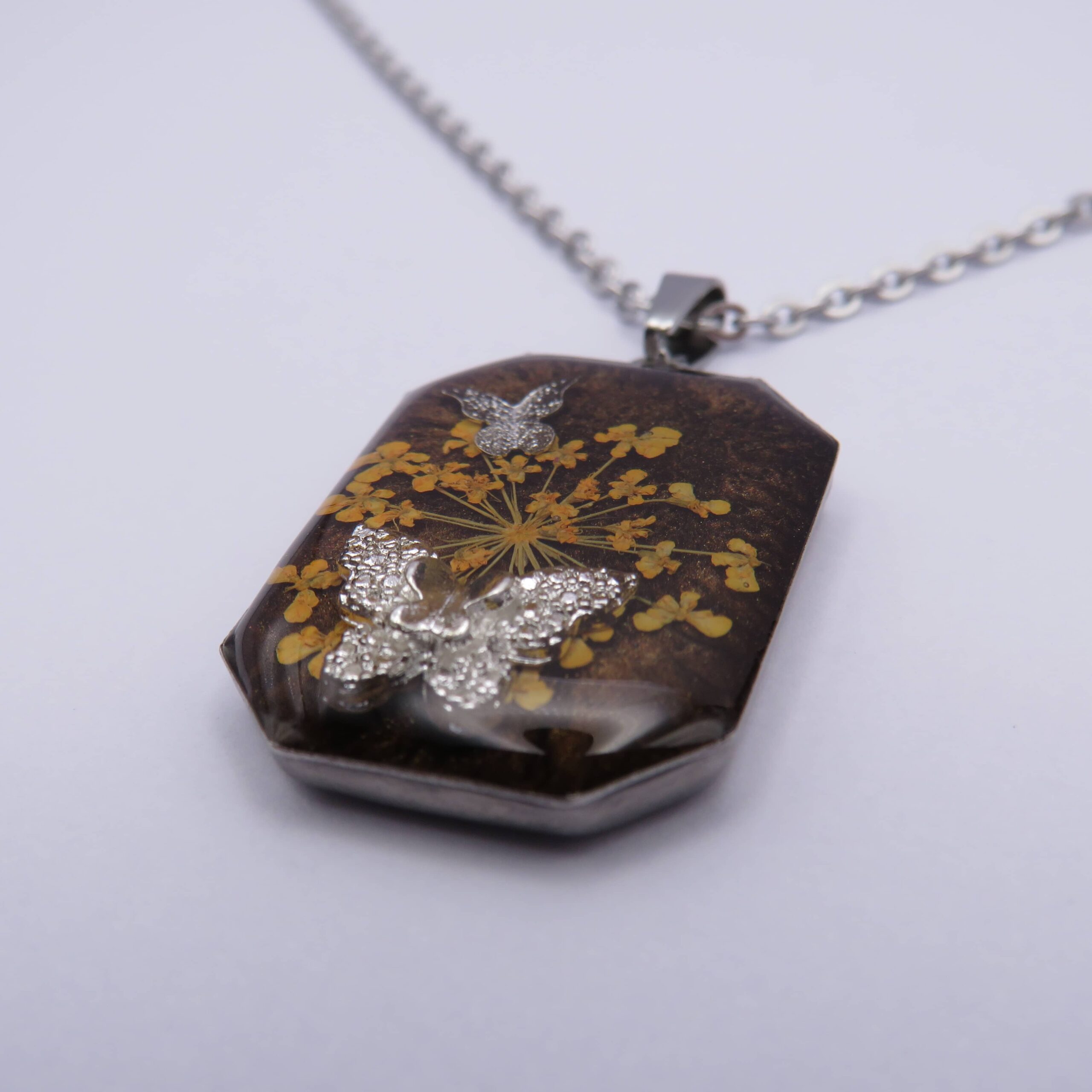 Stainless Steel Brown Rectangle Butterflies Pendant Necklace